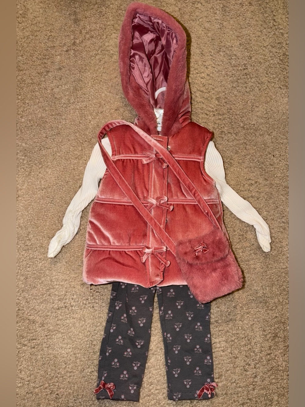 Toddler Girls 4pc Nicole Miller Outfit Velvet Hooded Puffer Vest in Dusty Rose